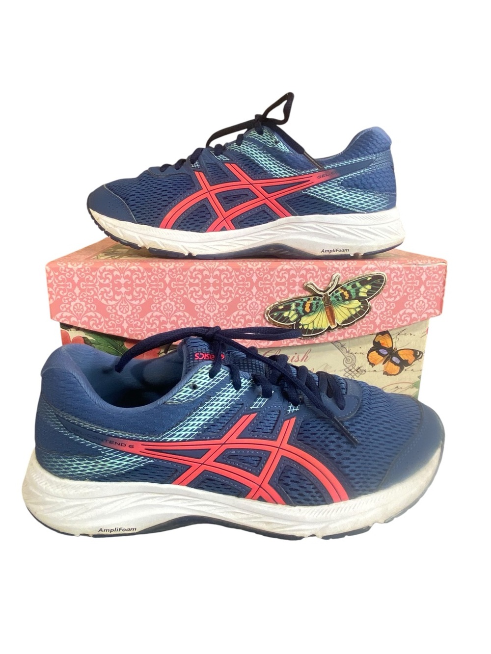 ASICS GEL Contend 6 Running Shoes Breathable Mesh Upper Womens SZ 8.5 Navy Pink